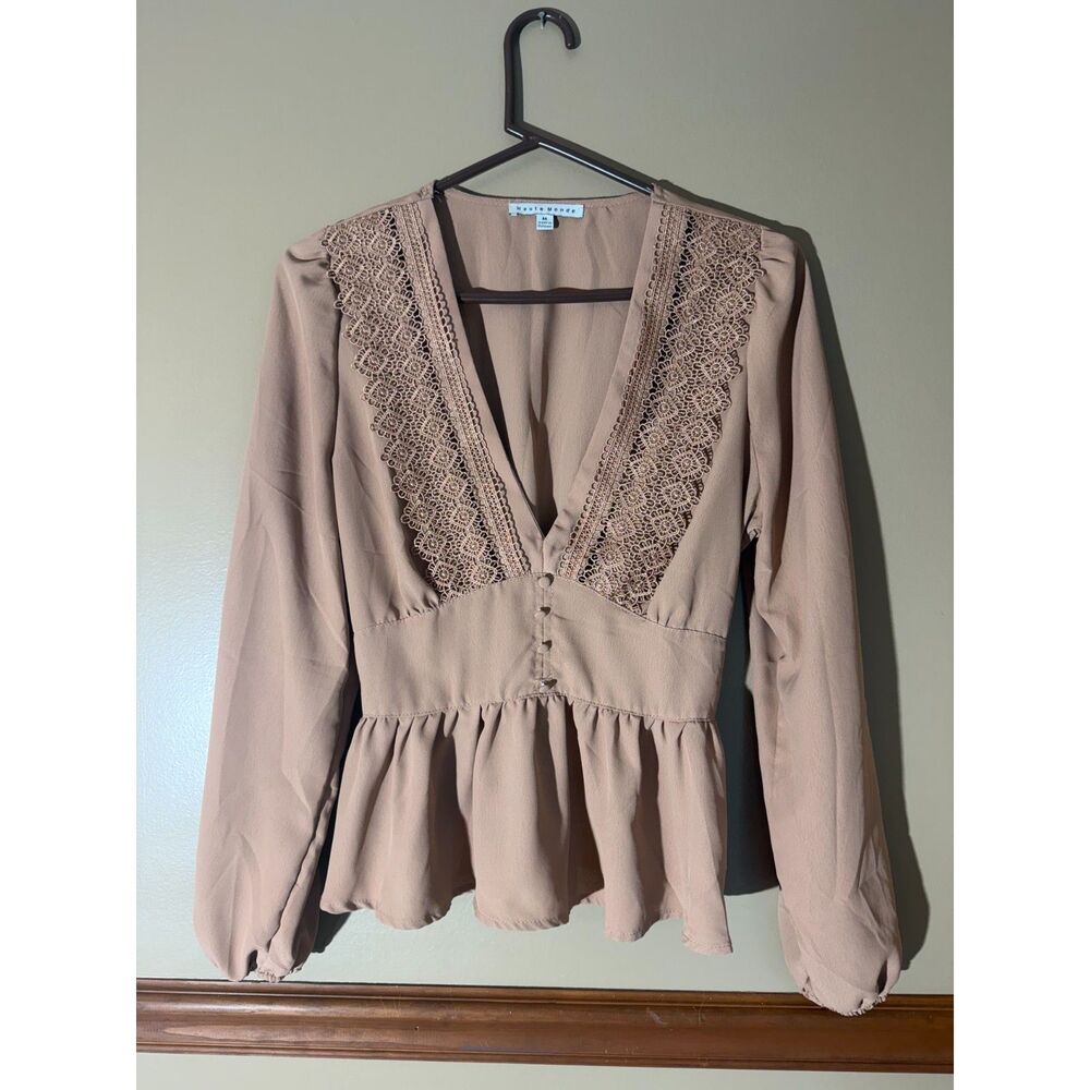 Haute Monde Blush Pink Lace Detail Peplum Blouse Size M